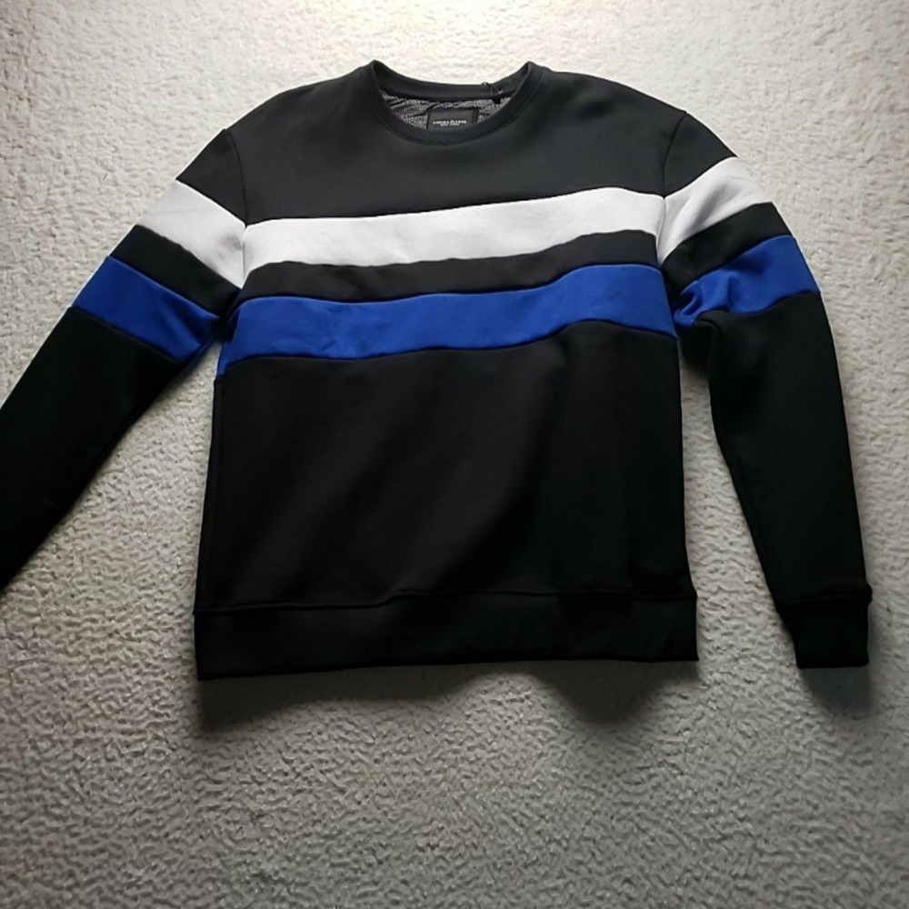 Denim & Flower Sweatshirt Mens Medium Black Blue Stripe Crewneck Pullover Knit